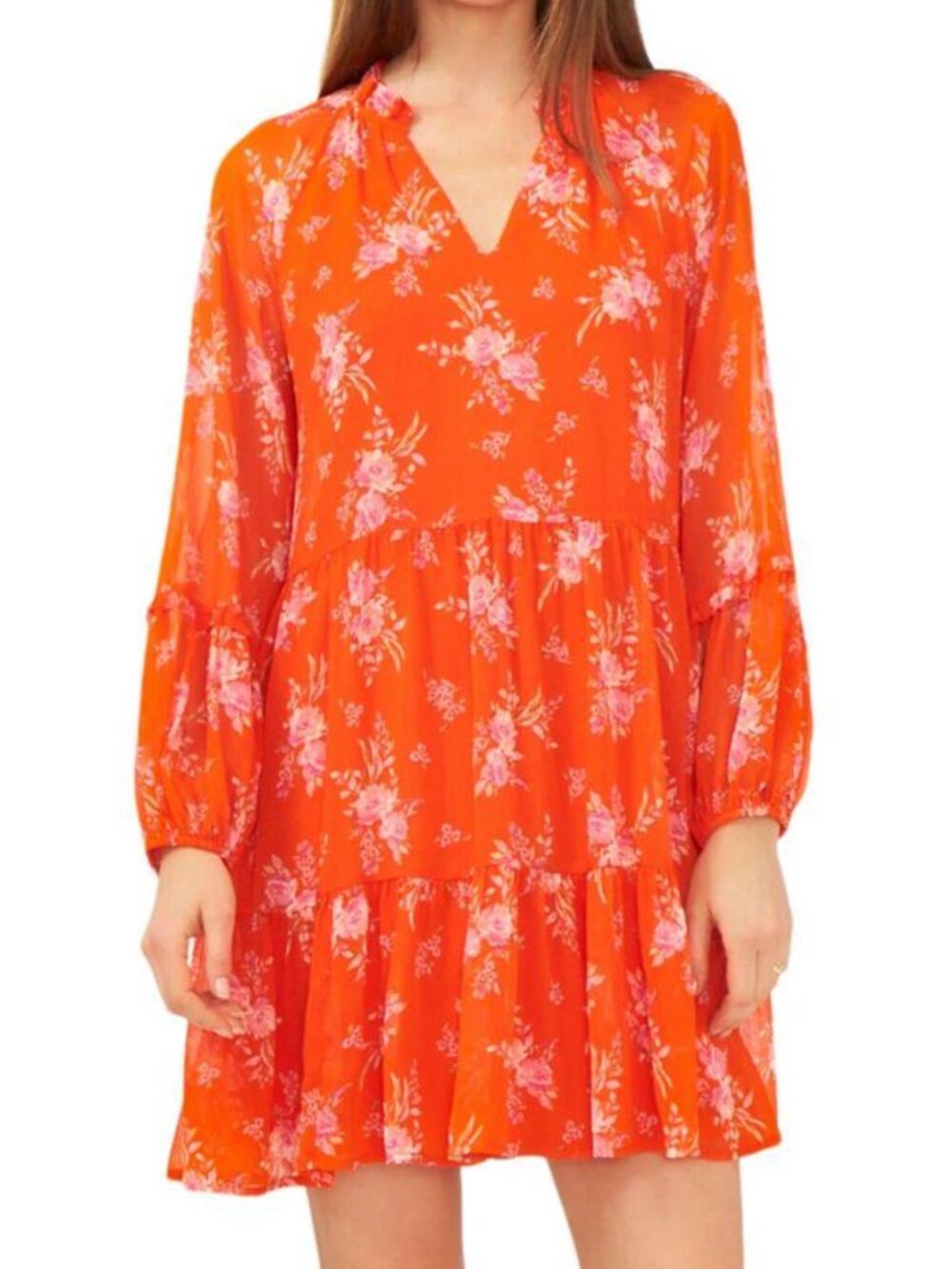 VINCE CAMUTO Floral Print Long Sleeve Split V-Neck Tiered Shift Dress Orange XS